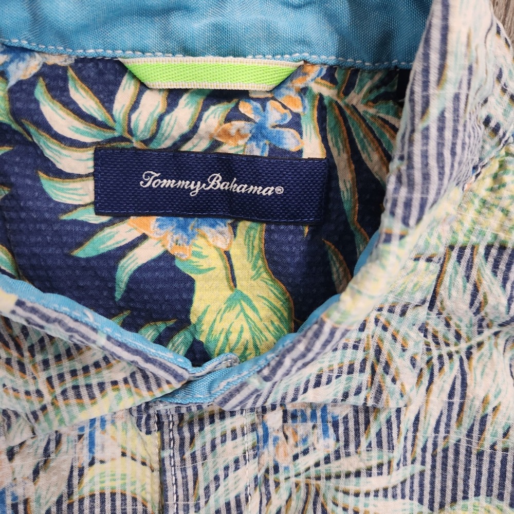 Tommy Bahama Mens Large Tropical Palm Seersucker Button Down Shirt Blue White - Picture 3 of 7
